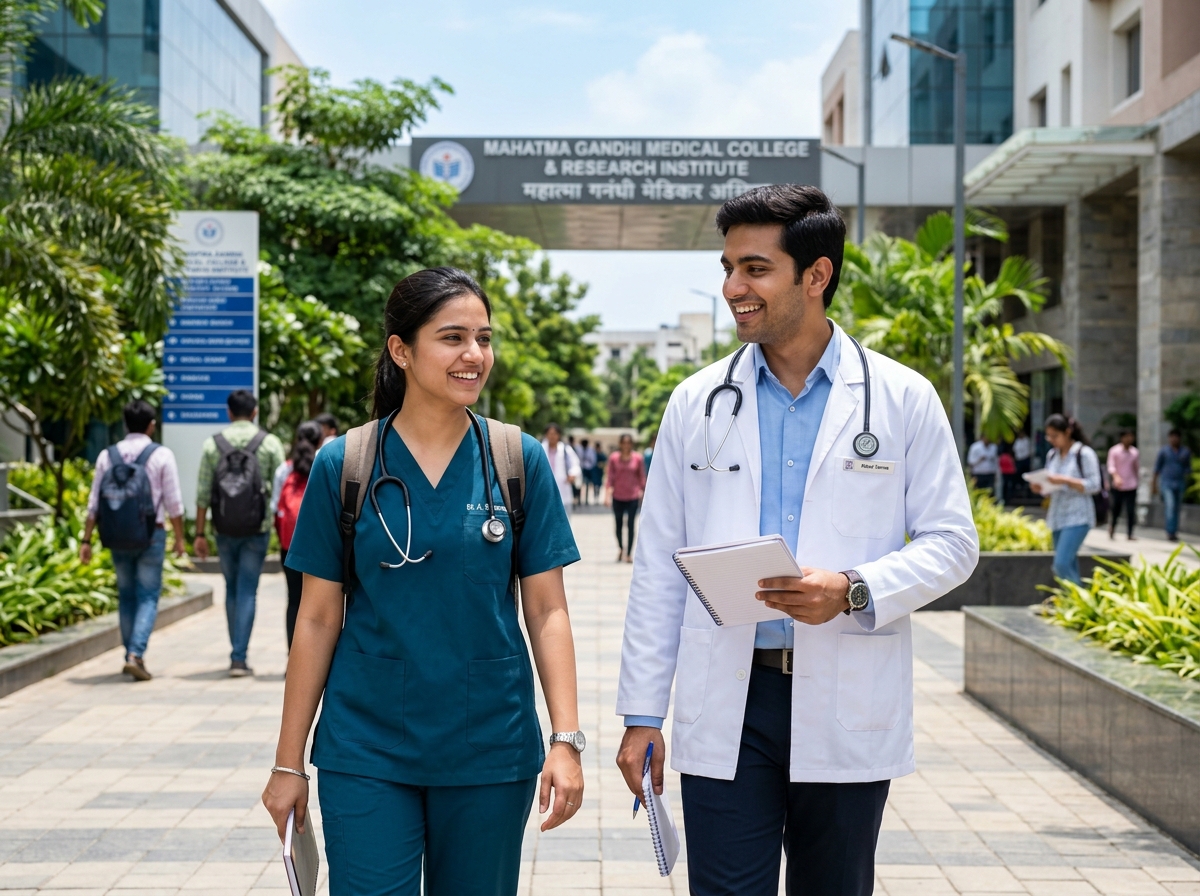 Young Indian students in medical scrubs and laboratory coat